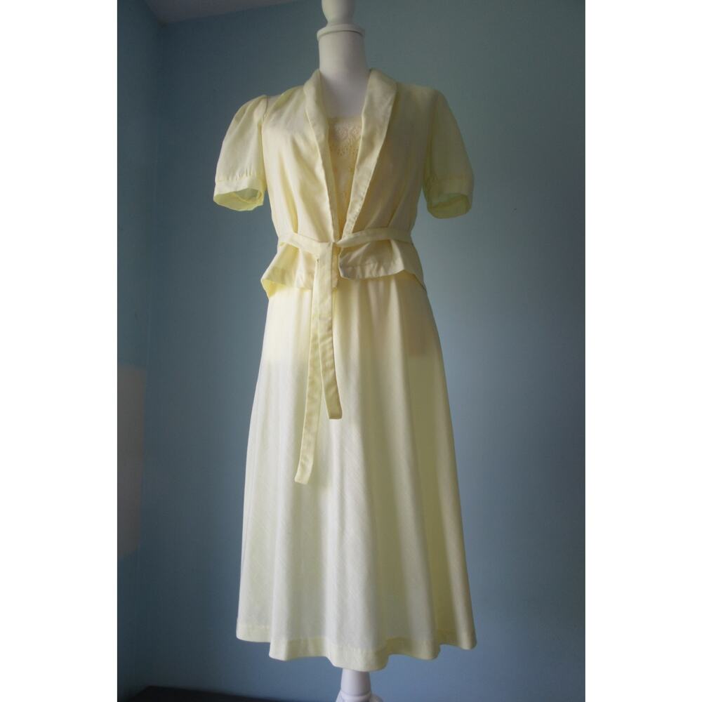 Vtg. Eyelet Lace A-Line Sleeveless Sundress With Jacket Midi Pastel Yellow